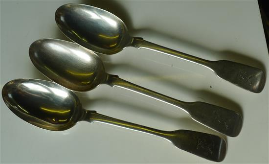 Three William IV silver tablespoons with stags head armorial